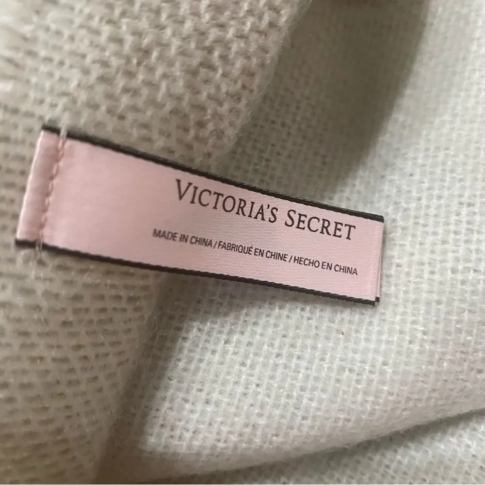 Victoria's Secret Cream Pink Gray Stripe Logo Fringe Blanket Throw 52 x 61
